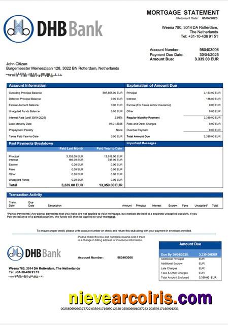 Netherlands DHB Bank mortgage statement Word and PDF template